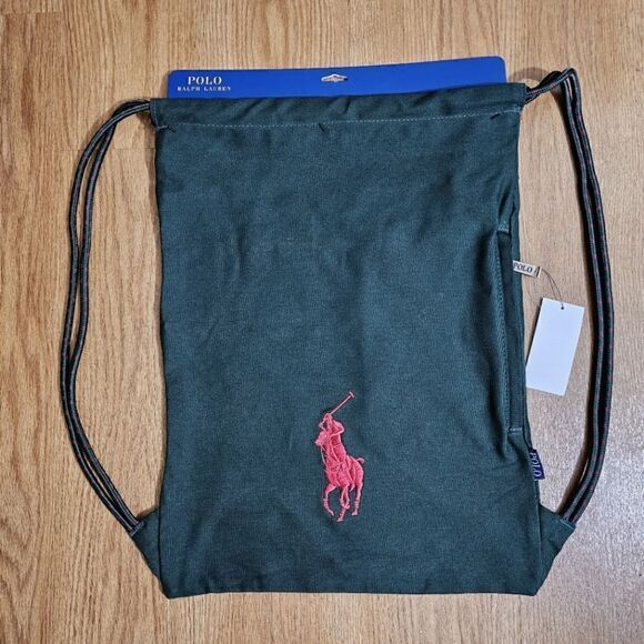 Polo Ralph Lauren Canvas Gym Bag Sack Pony Logo Navy Green Red 100% Cotton New - Picture 1 of 11